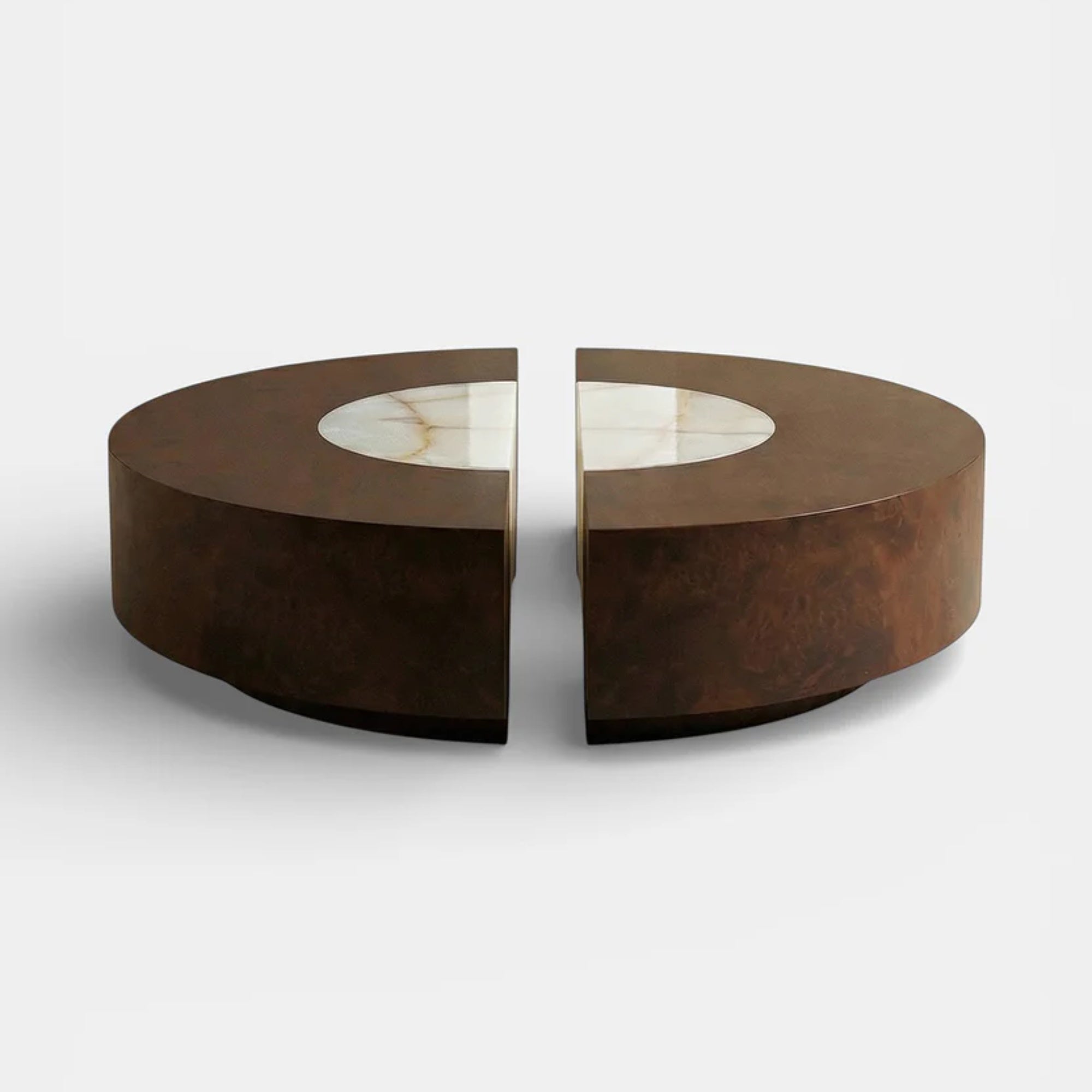 Baci Round Wood and Shell Onyx Coffee Table with casters