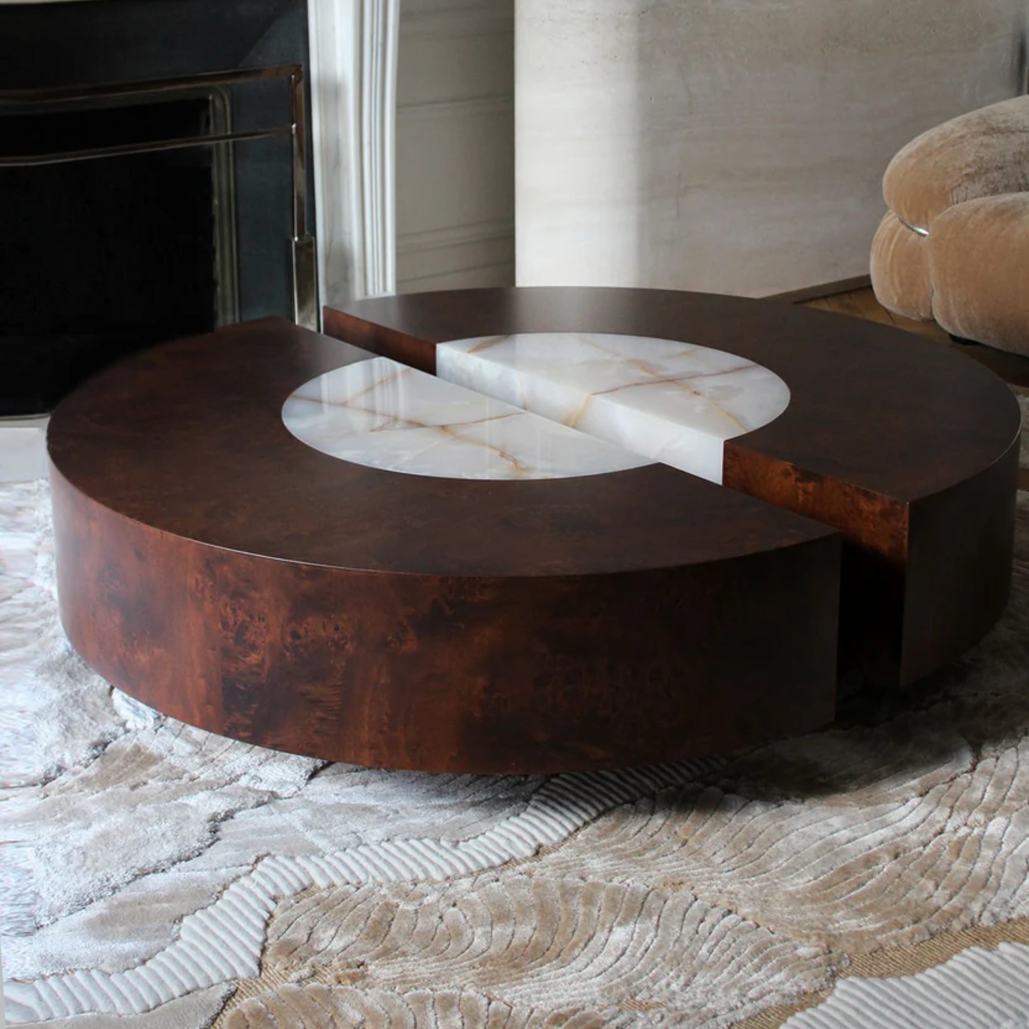 Baci Round Wood and Shell Onyx Coffee Table with casters