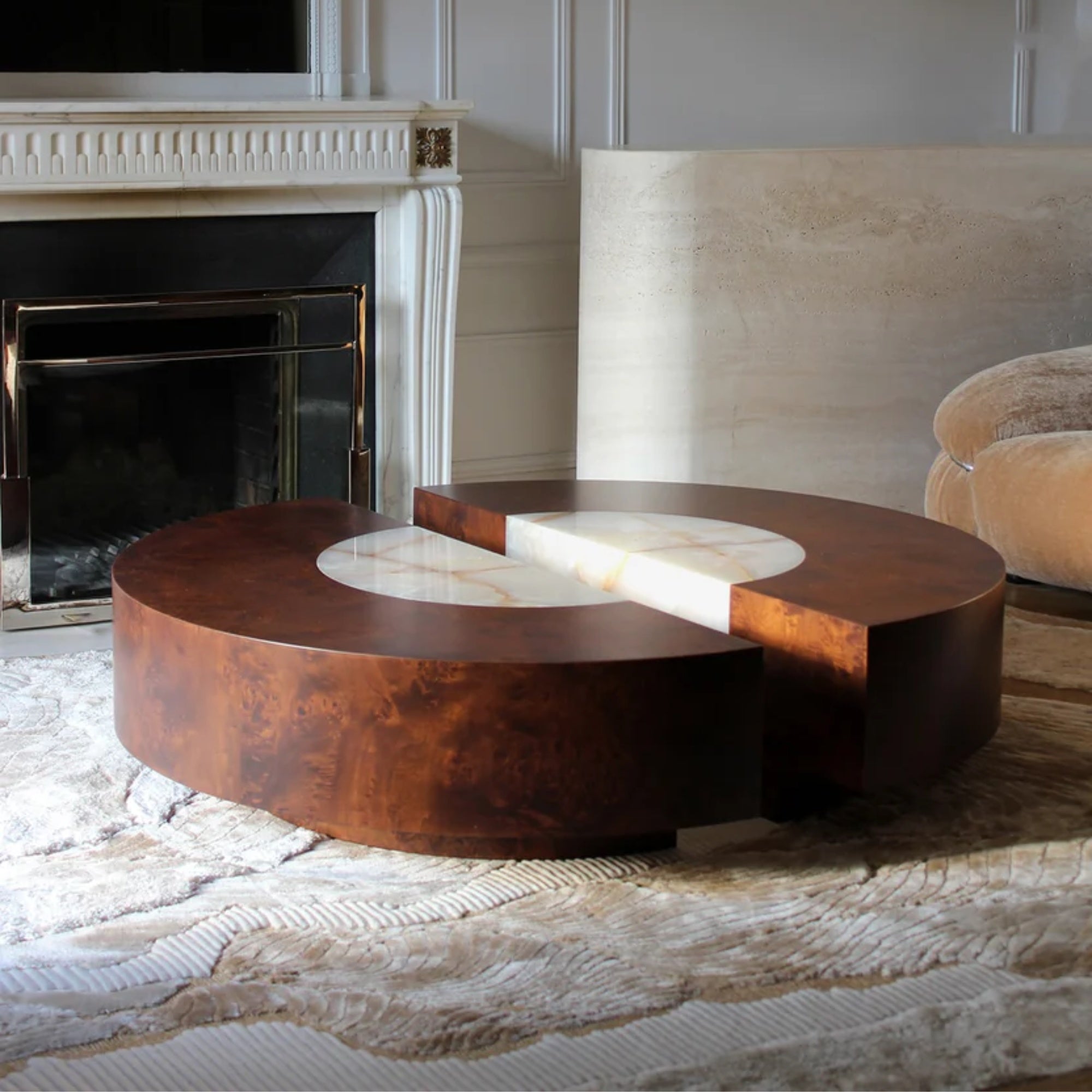 Baci Round Wood and Shell Onyx Coffee Table with casters