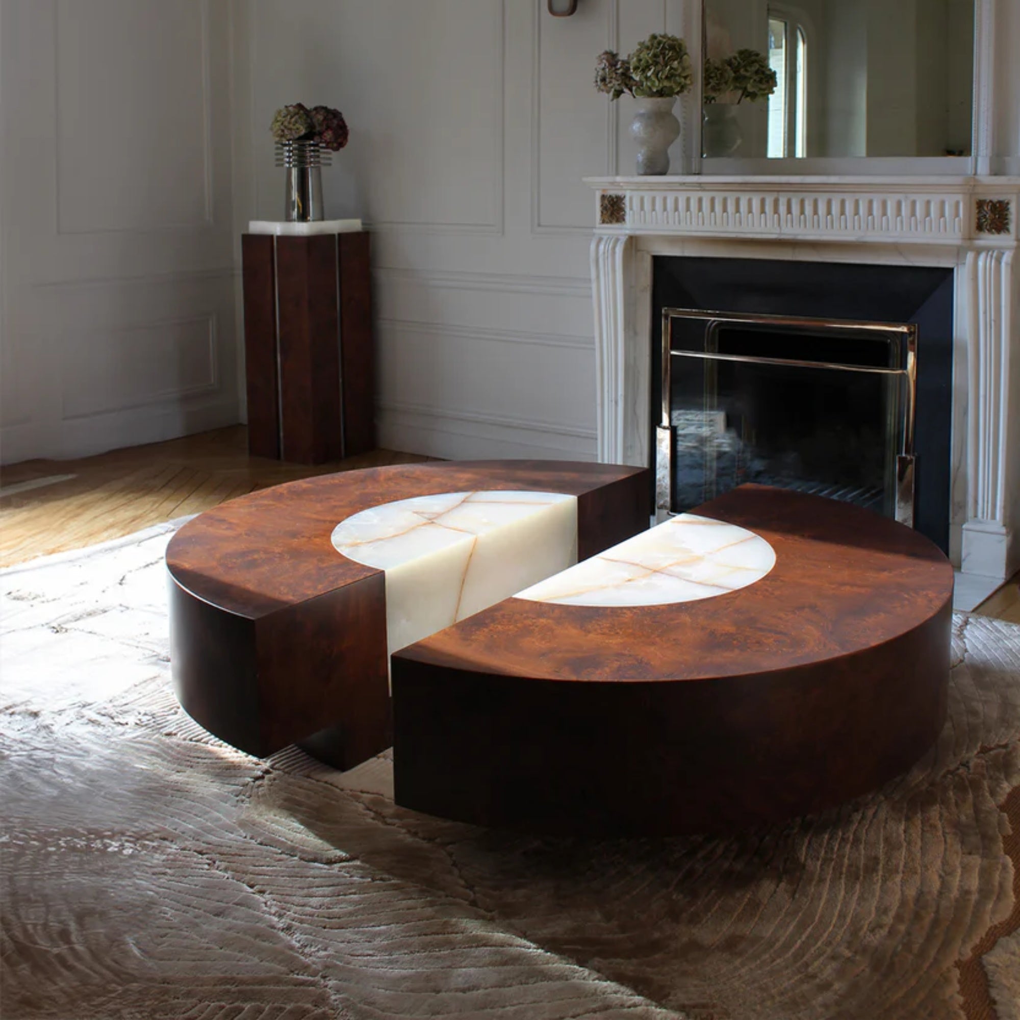 Baci Round Wood and Shell Onyx Coffee Table with casters