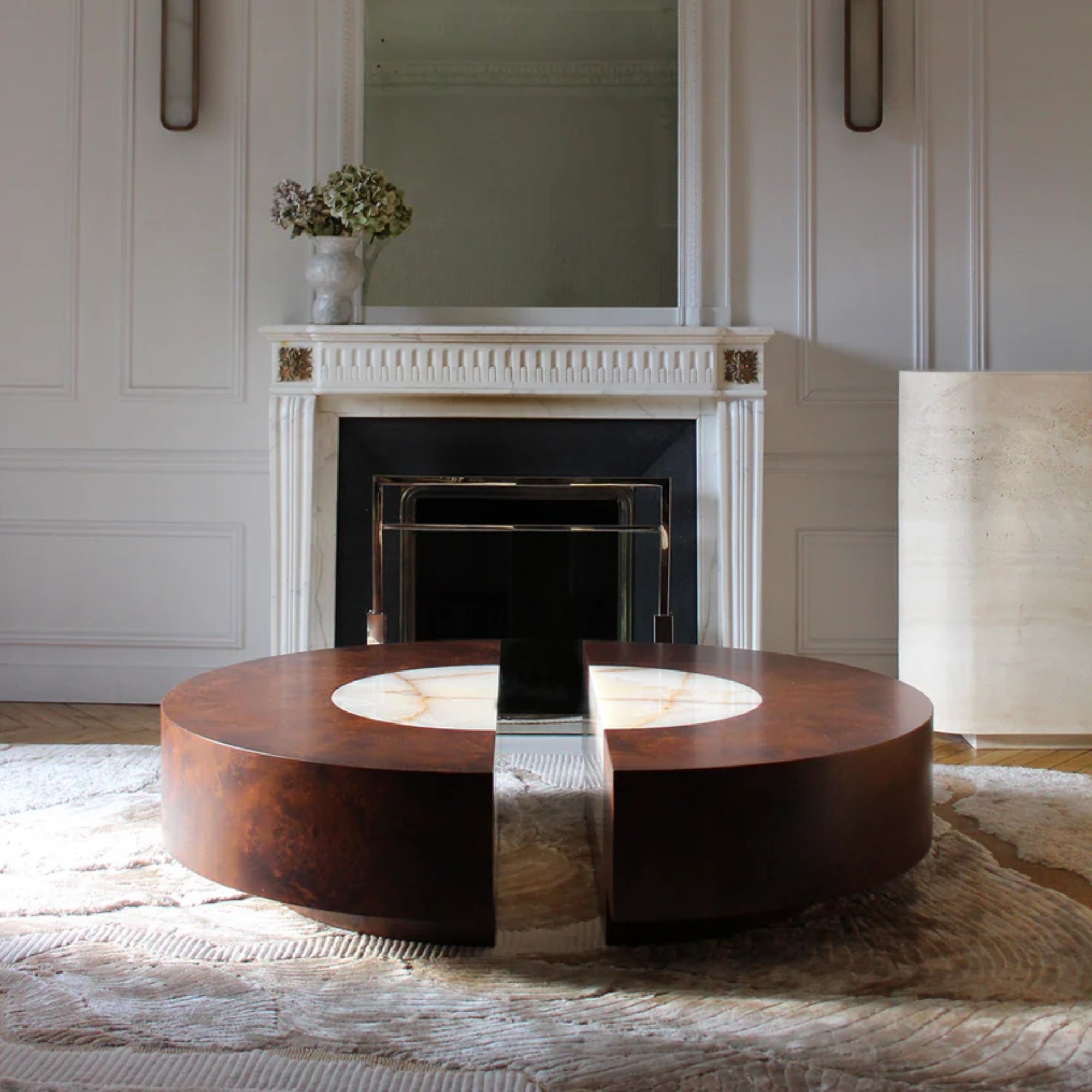 Baci Round Wood and Shell Onyx Coffee Table with casters