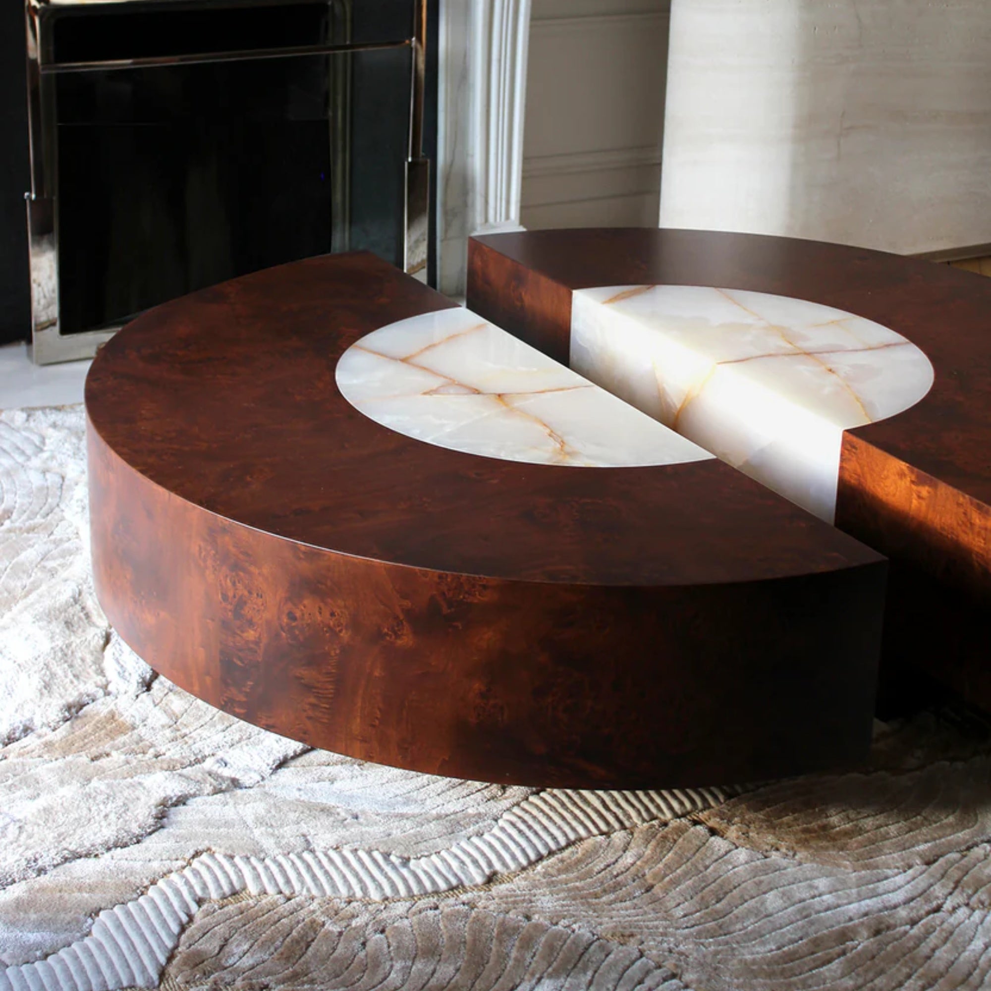 Baci Round Wood and Shell Onyx Coffee Table with casters
