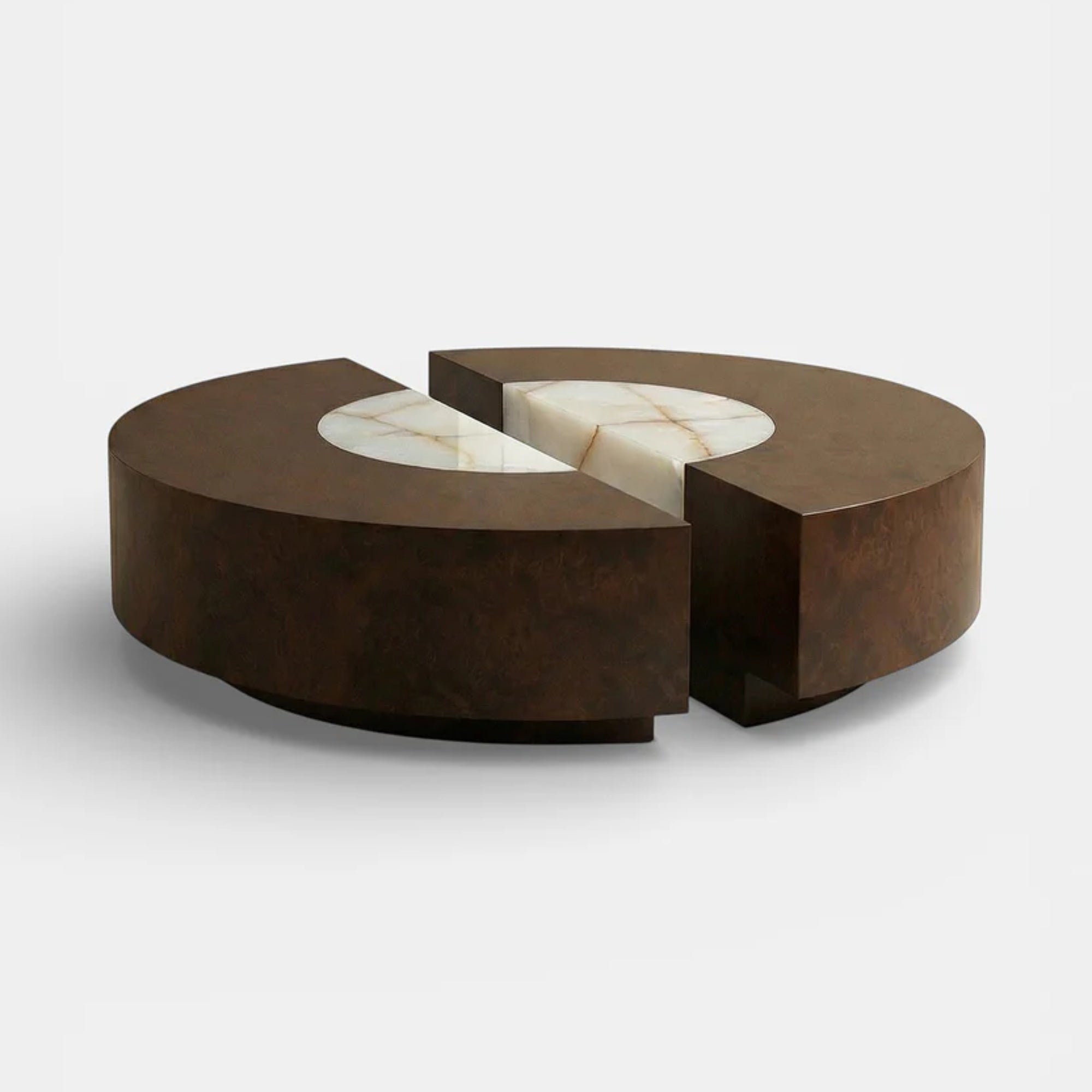 Baci Round Wood and Shell Onyx Coffee Table with casters