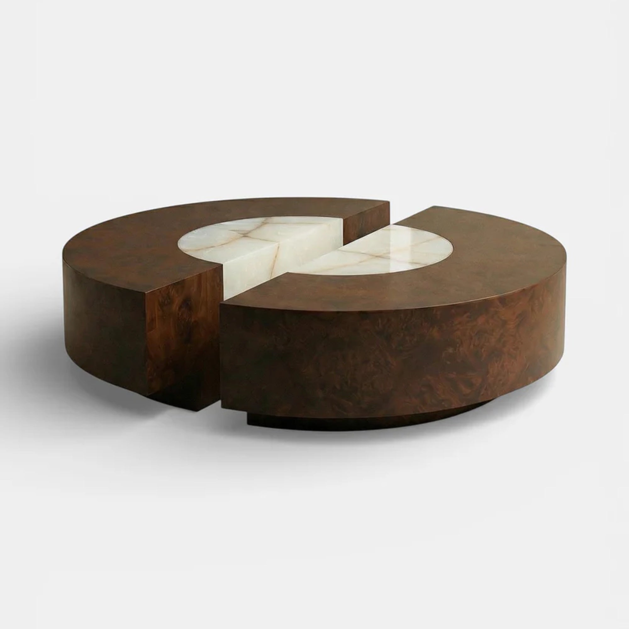 Baci Round Wood and Shell Onyx Coffee Table with casters