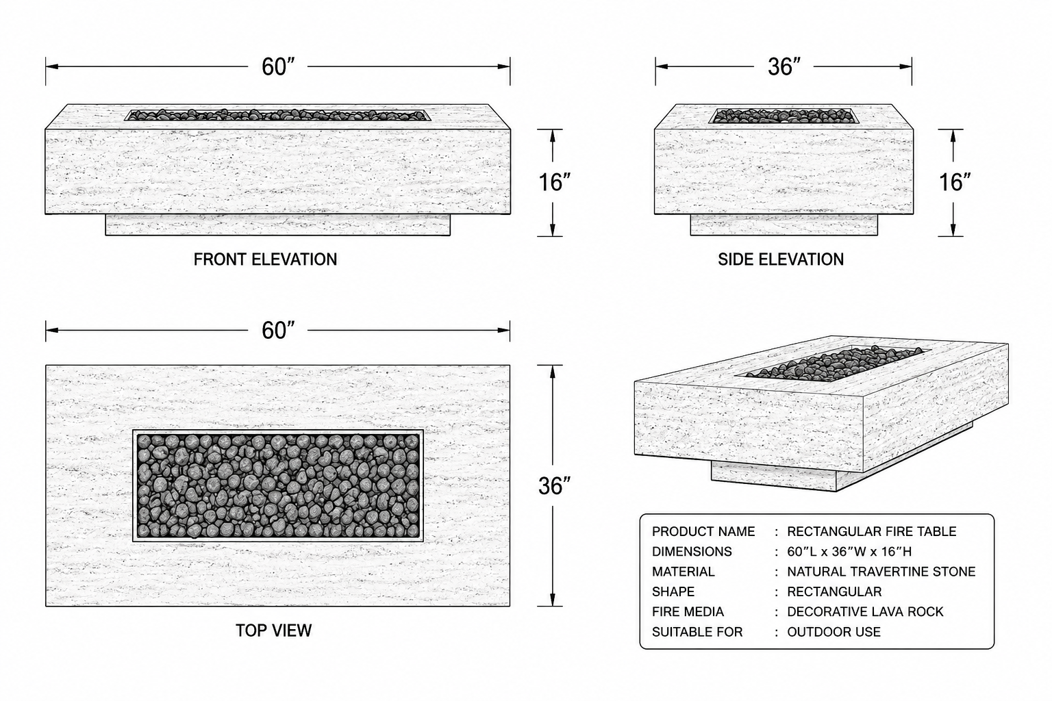 Mason travertine firepit coffee table