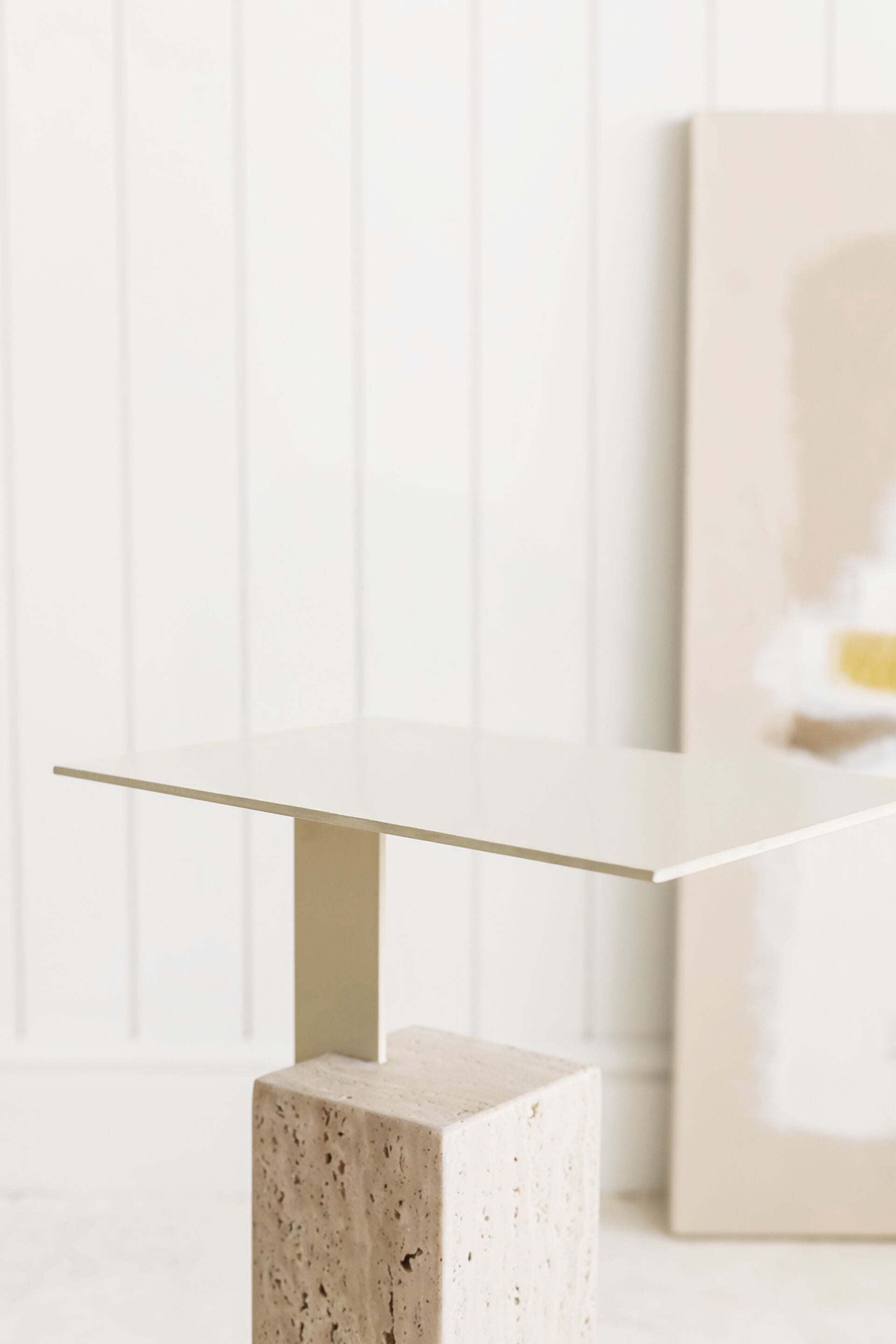 MONO Side table with travertine base and metal top