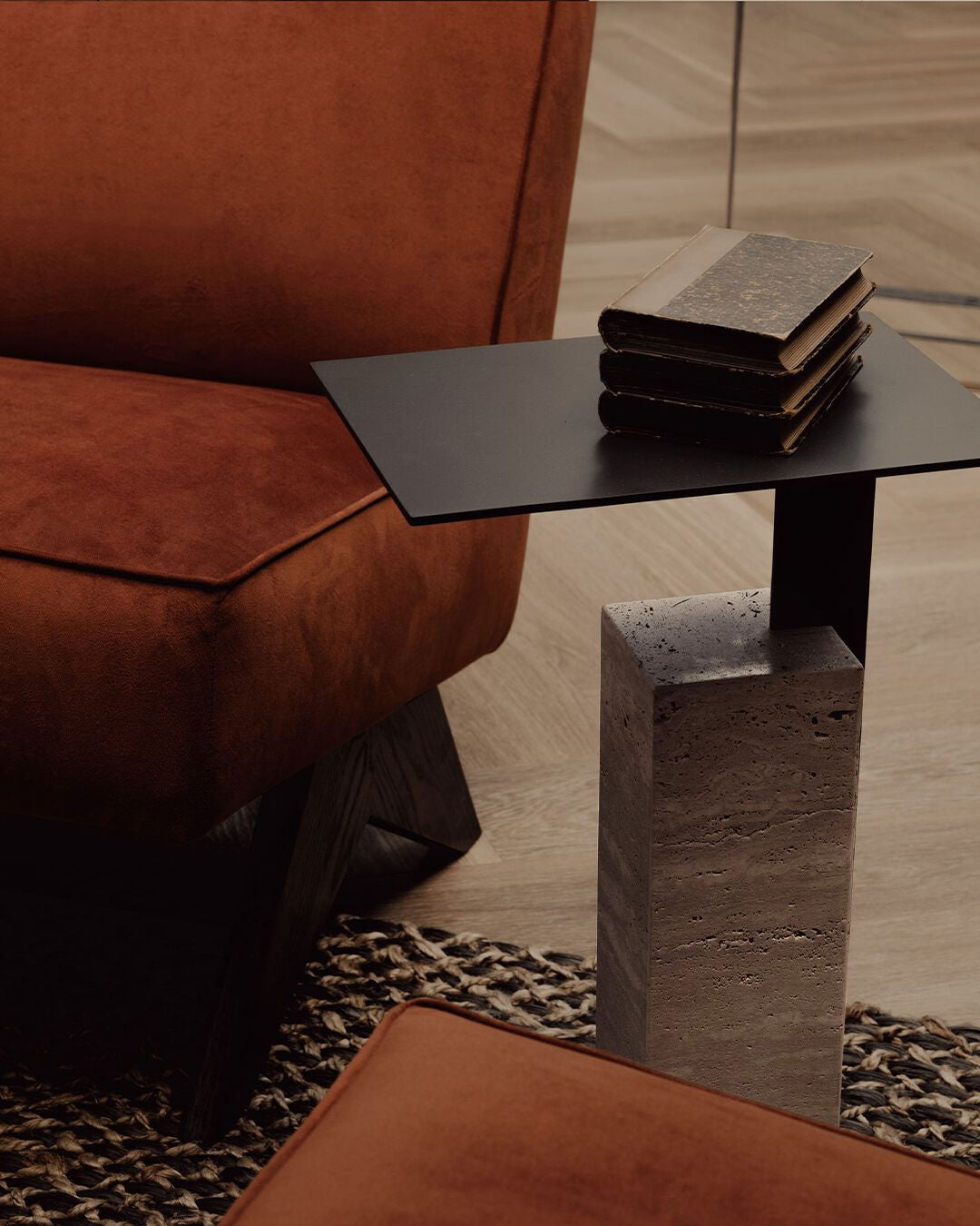 MONO Side table with travertine base and metal top
