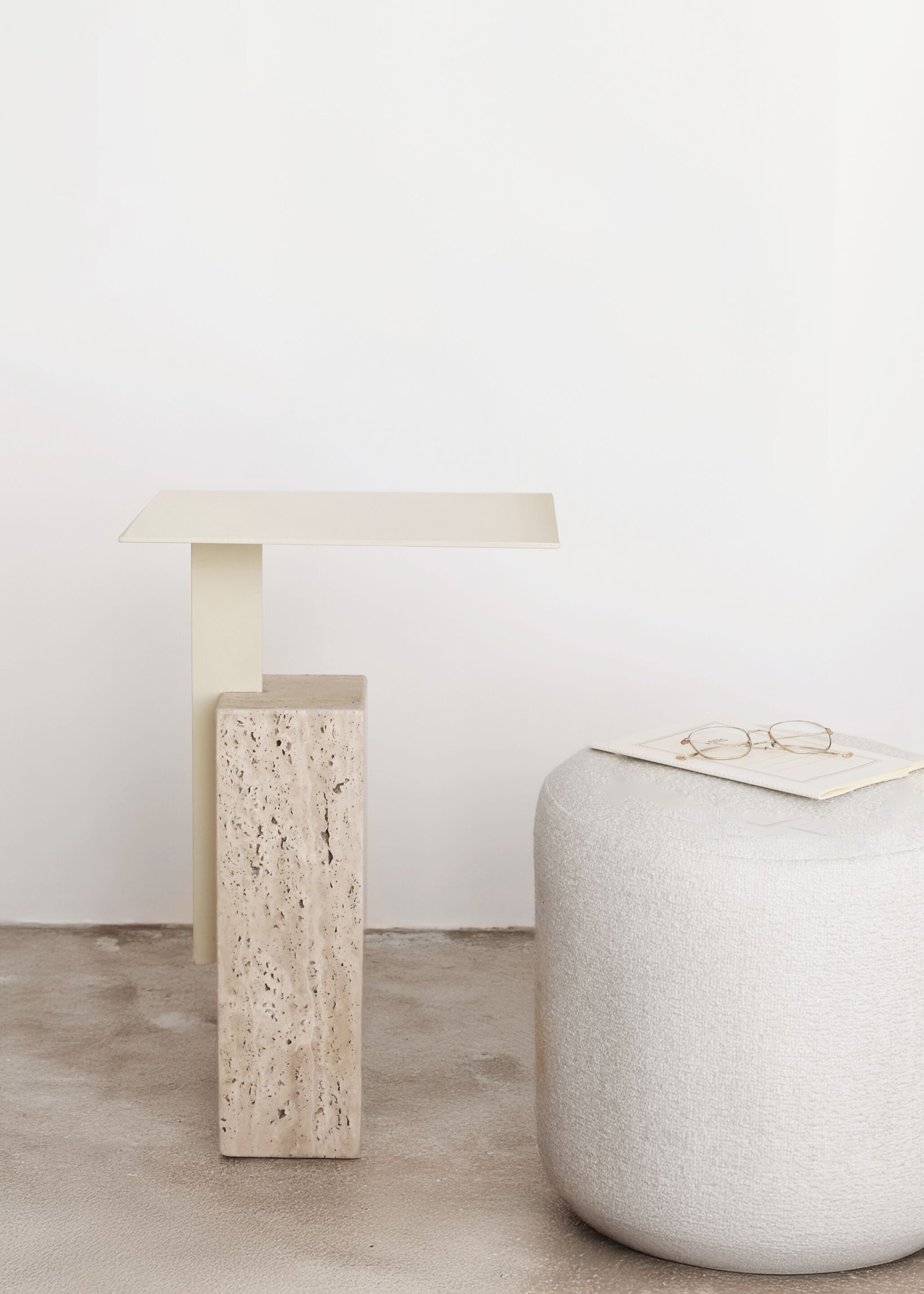 MONO Side table with travertine base and metal top