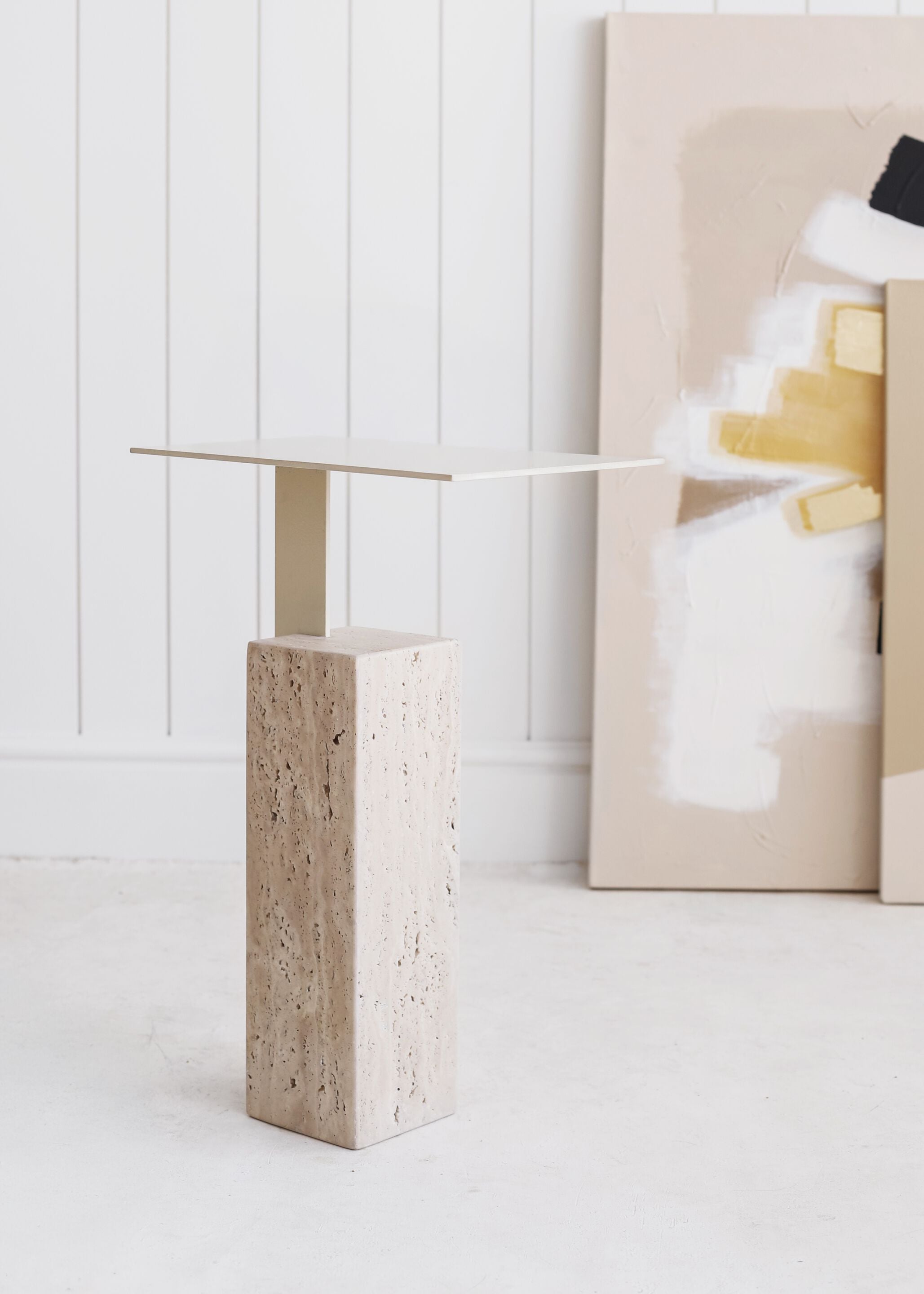 MONO Side table with travertine base and metal top
