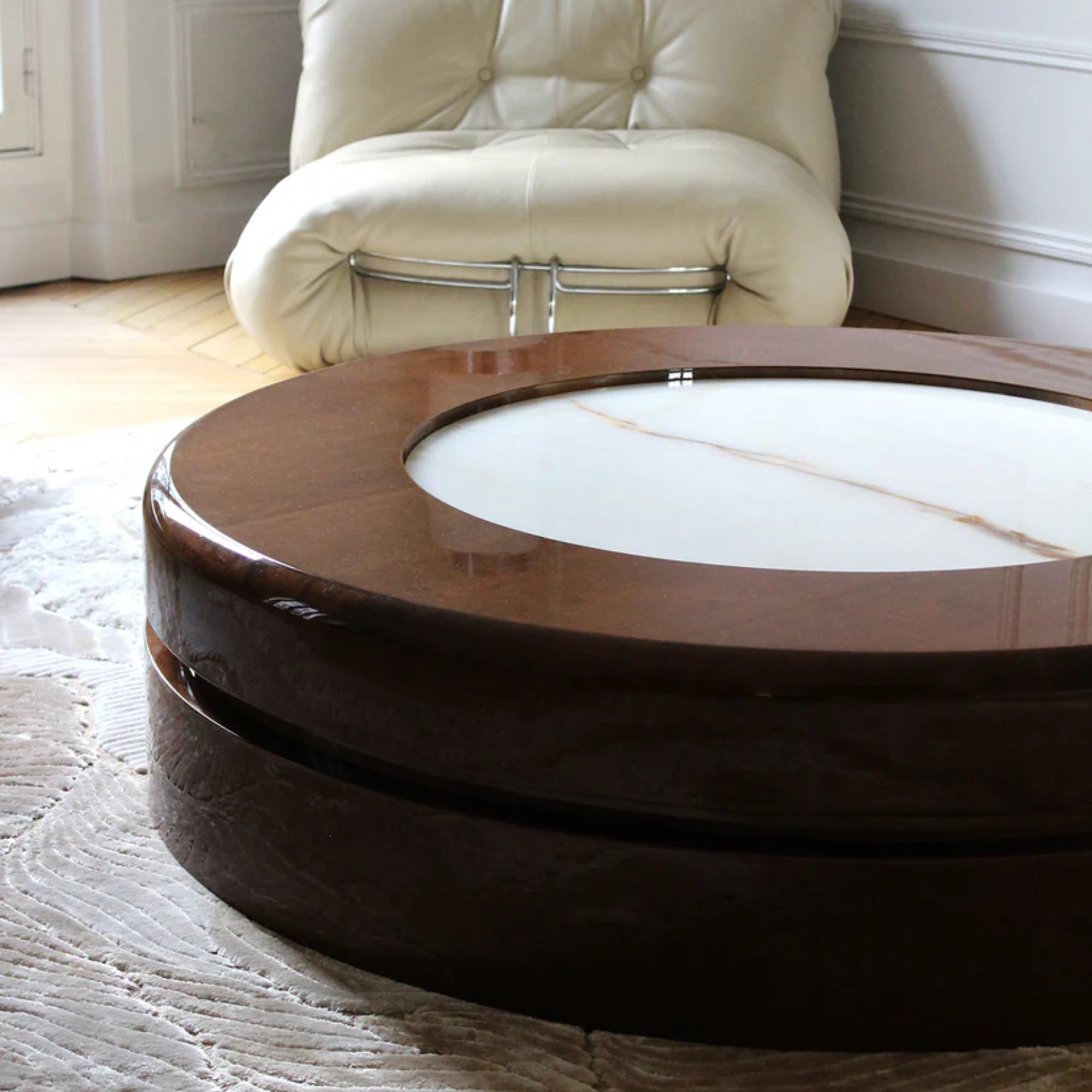 Yoyo Wood and Shell Onyx Coffee Table with casters