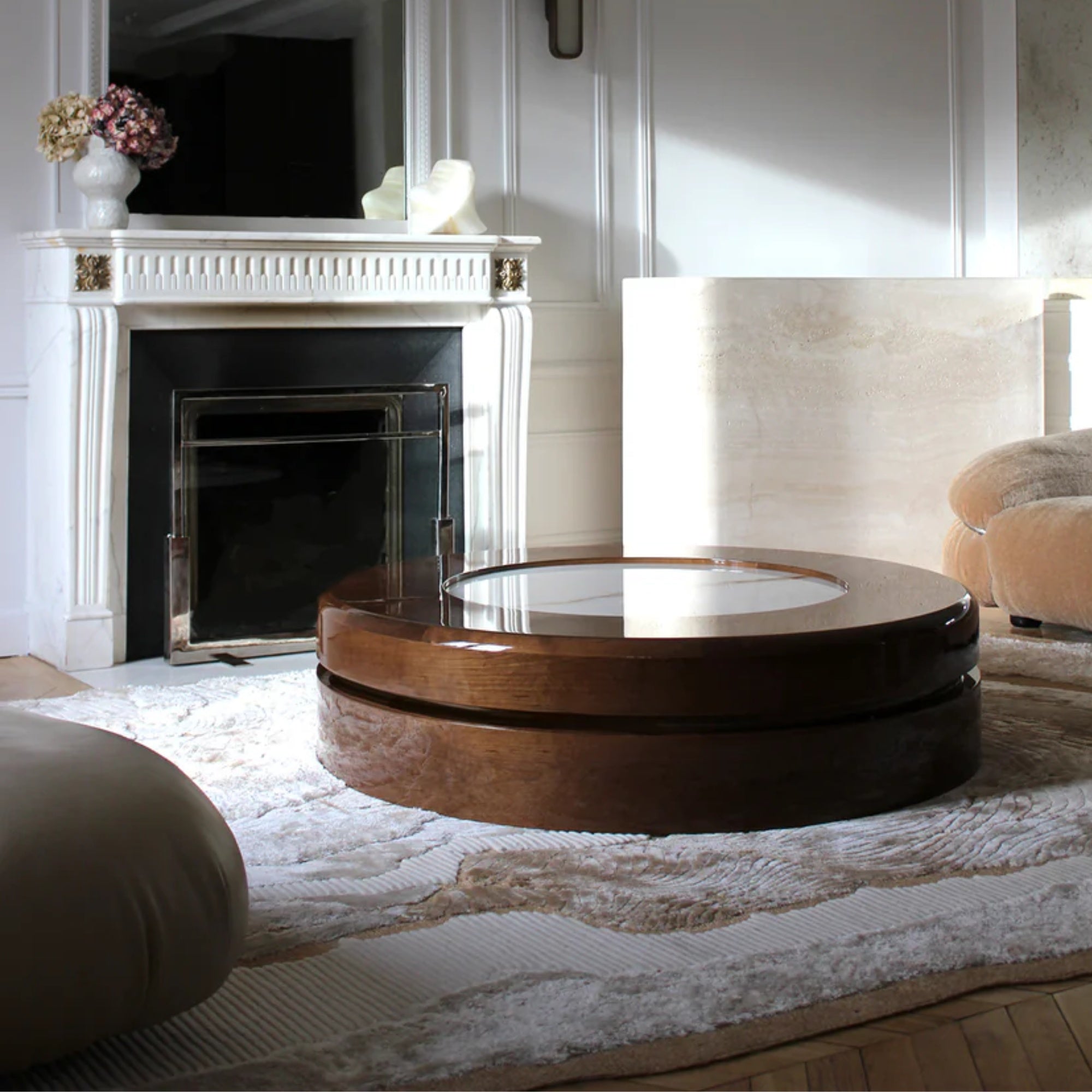 Yoyo Wood and Shell Onyx Coffee Table with casters