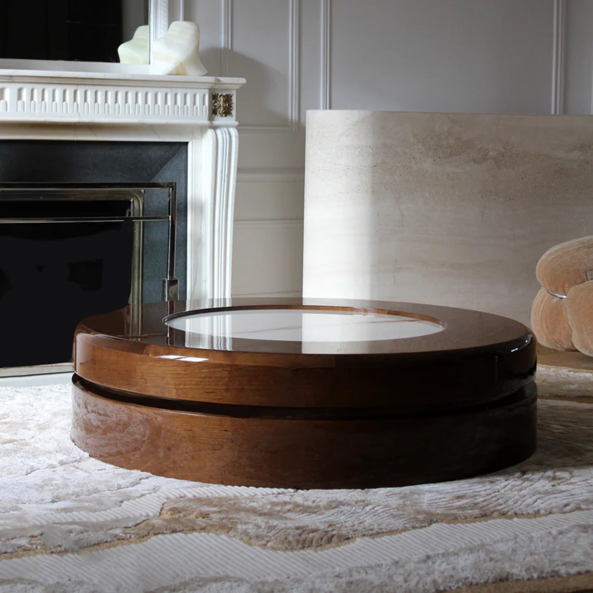 Yoyo Wood and Shell Onyx Coffee Table with casters