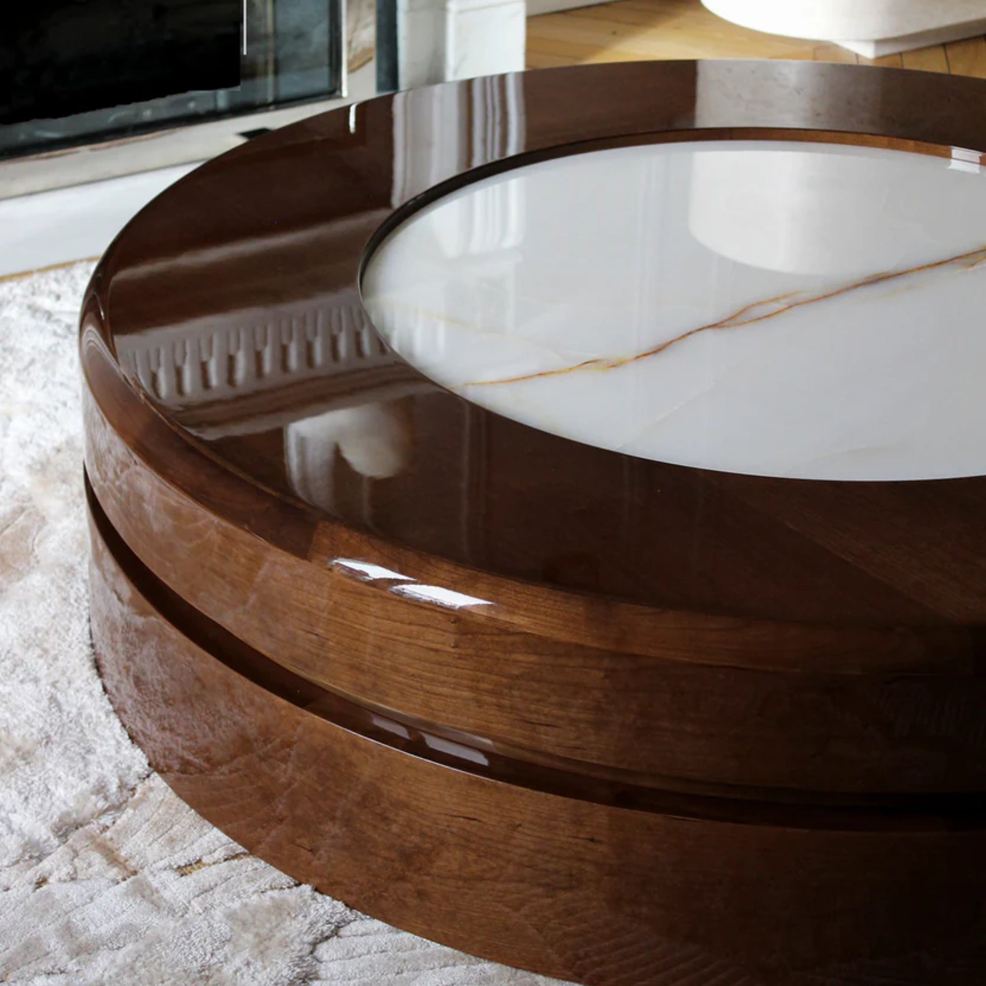 Yoyo Wood and Shell Onyx Coffee Table with casters