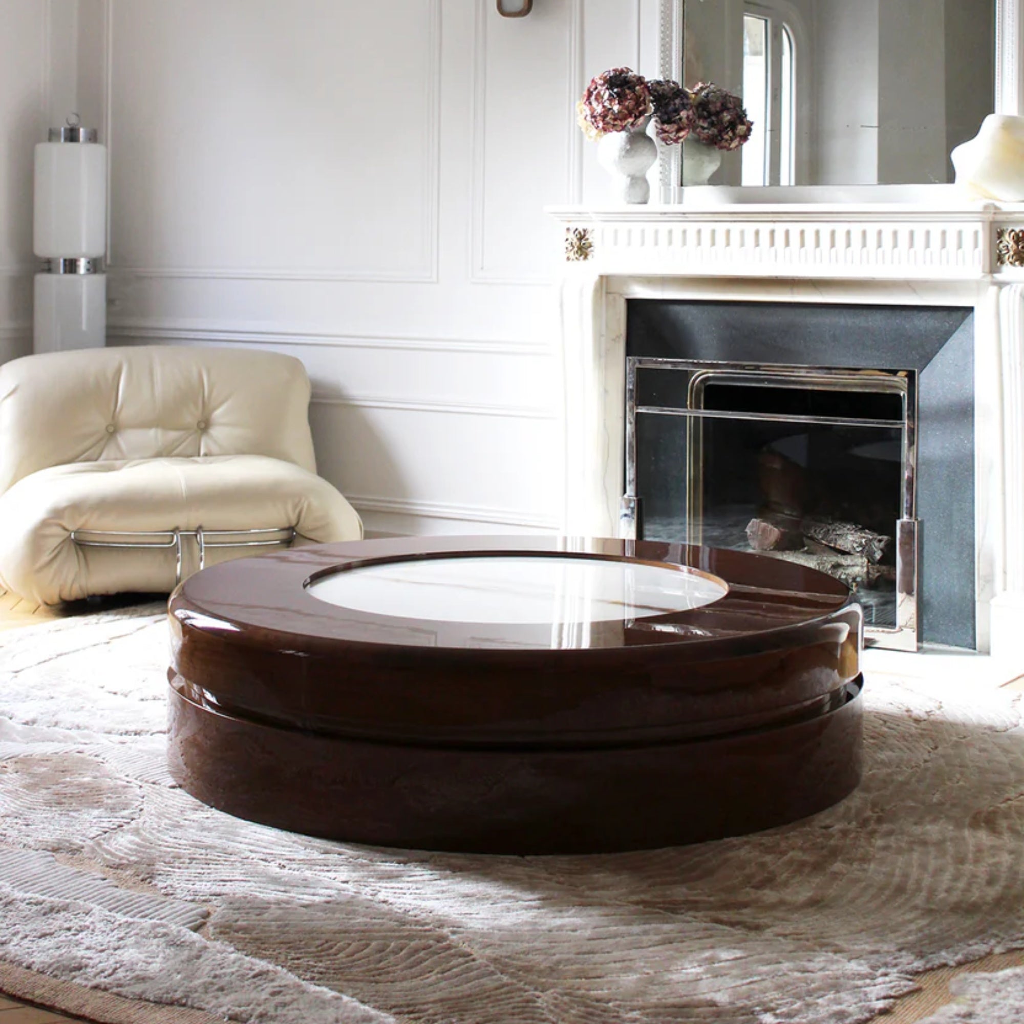 Yoyo Wood and Shell Onyx Coffee Table with casters