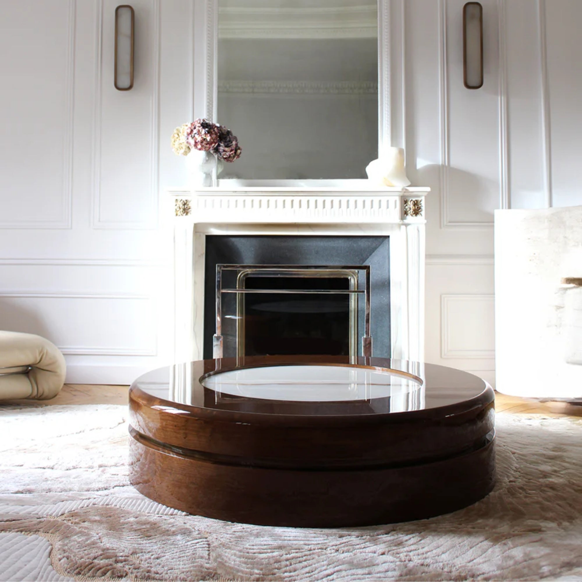 Yoyo Wood and Shell Onyx Coffee Table with casters