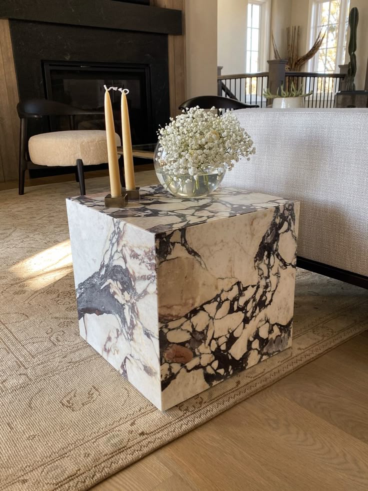 Copenhagen Calacatta Viola Marble Plinth Block Coffee Table
