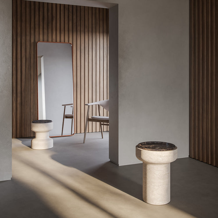 ivoli side table in travertine and marble