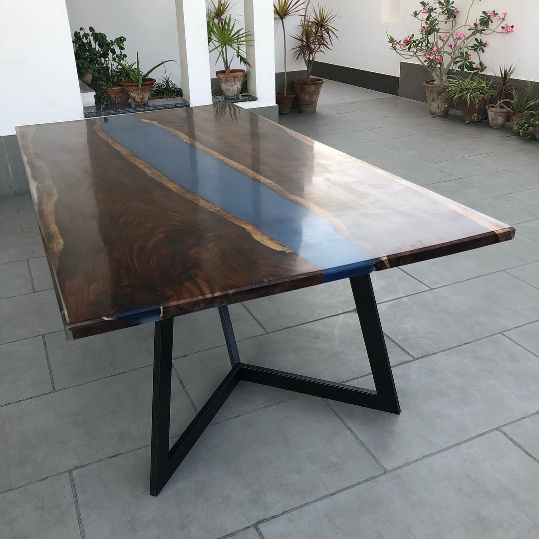 Epoxy Resin River Live Edge dining with  Stretch Geometrical base
