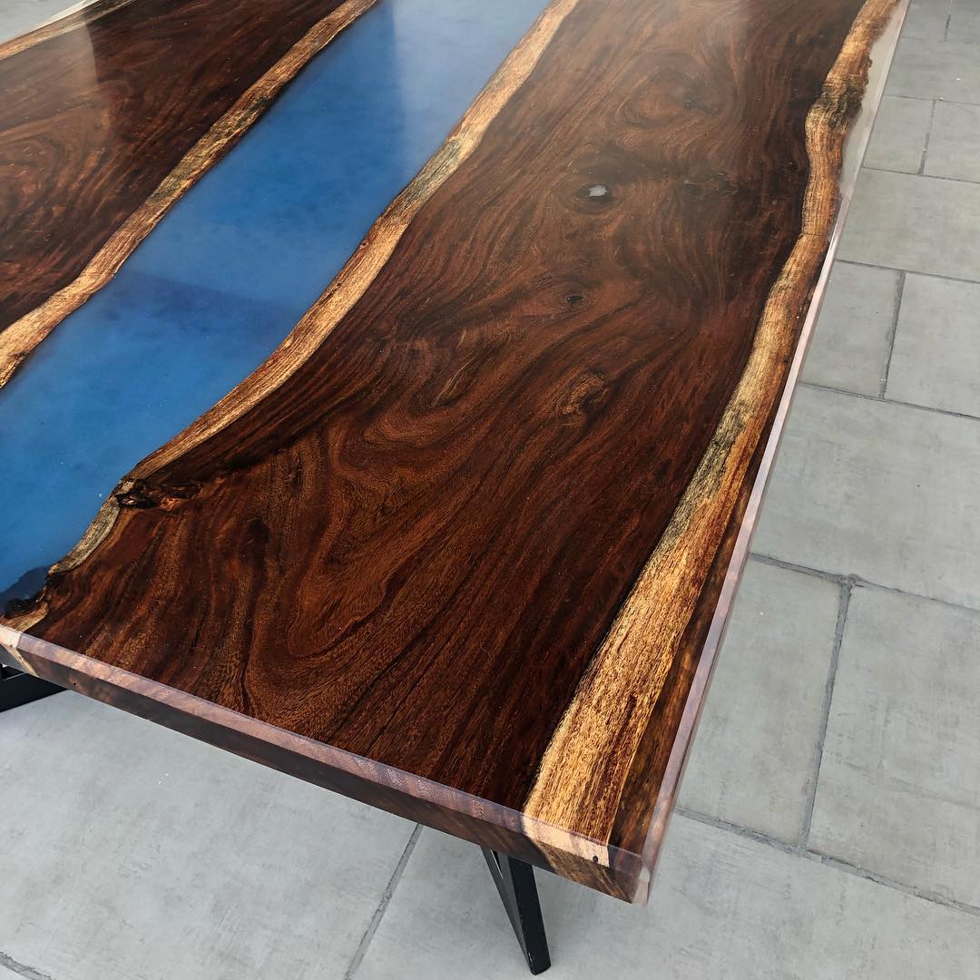 Epoxy Resin River Live Edge dining with  Stretch Geometrical base