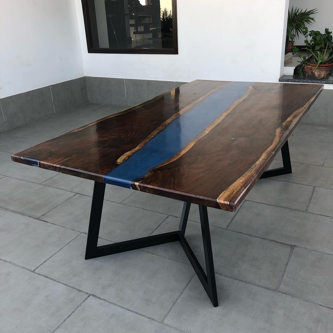 Epoxy Resin River Live Edge dining with  Stretch Geometrical base