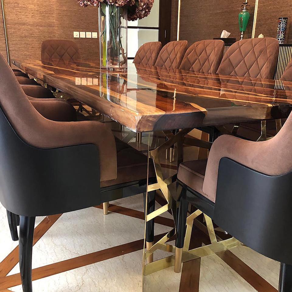 Epoxy Resin Sunken Live edge Rose wood Brass Metal Mesh Dining Table.