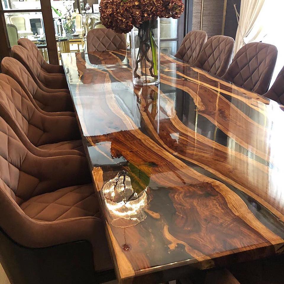 Epoxy Resin Sunken Live edge Rose wood Brass Metal Mesh Dining Table.
