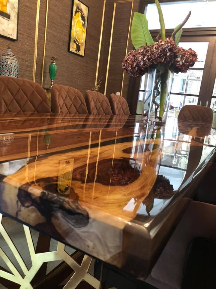 Epoxy Resin Sunken Live edge Rose wood Brass Metal Mesh Dining Table.