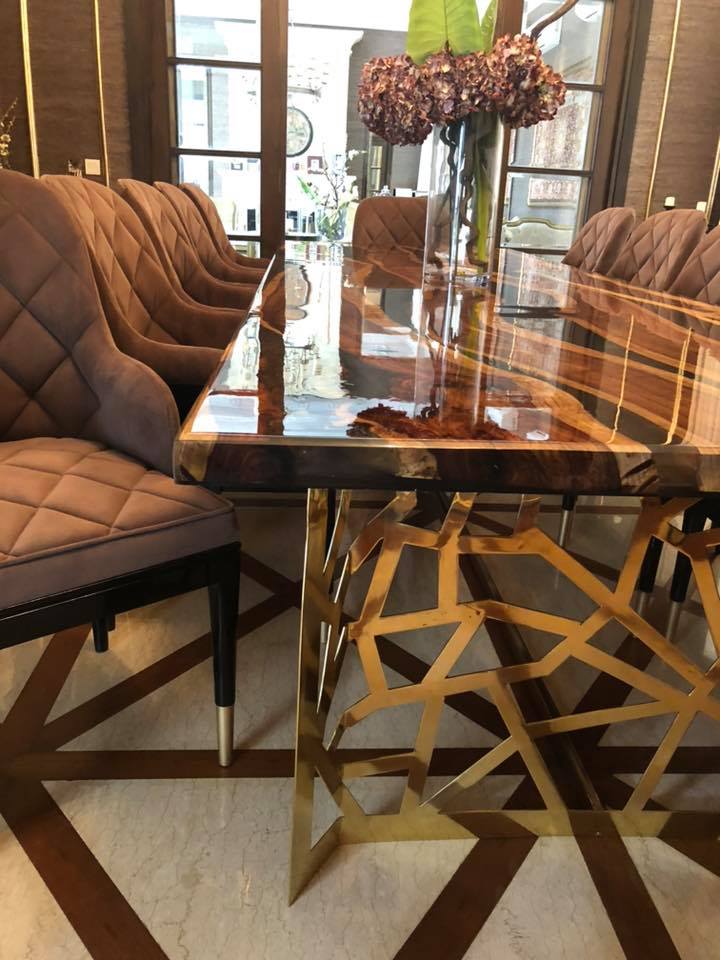 Epoxy Resin Sunken Live edge Rose wood Brass Metal Mesh Dining Table.