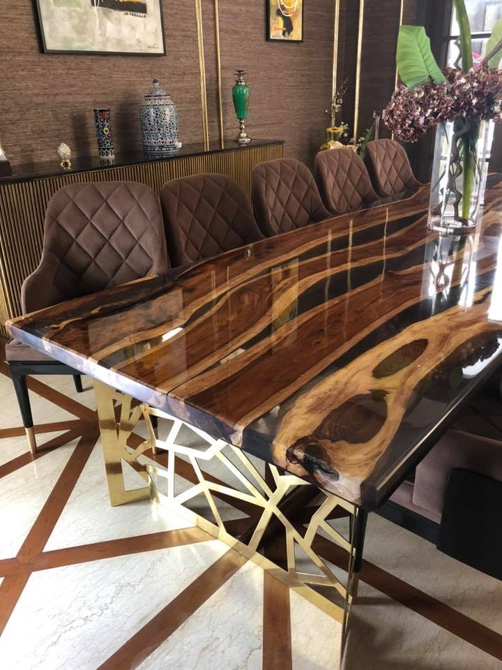 Epoxy Resin Sunken Live edge Rose wood Brass Metal Mesh Dining Table.