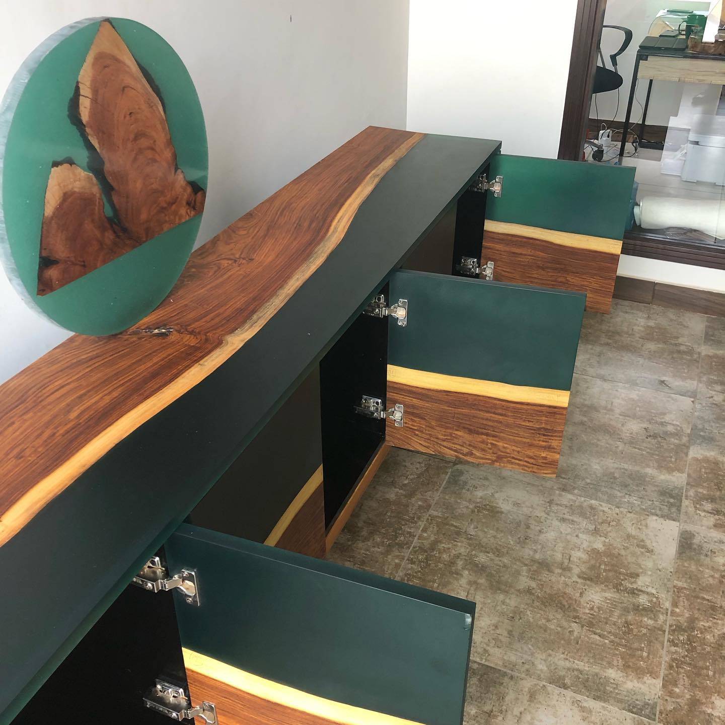 Indian Green Epoxy Resin Rose wood Live edge Media sideboard console