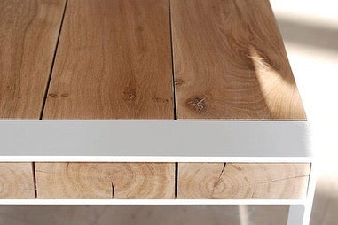 Oak wood straight Edge Mid-century white Metal work Dining Table & Bench