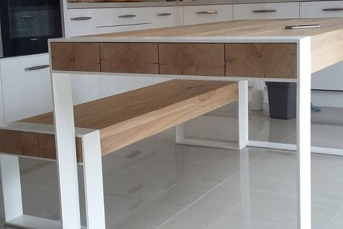 Oak wood straight Edge Mid-century white Metal work Dining Table & Bench