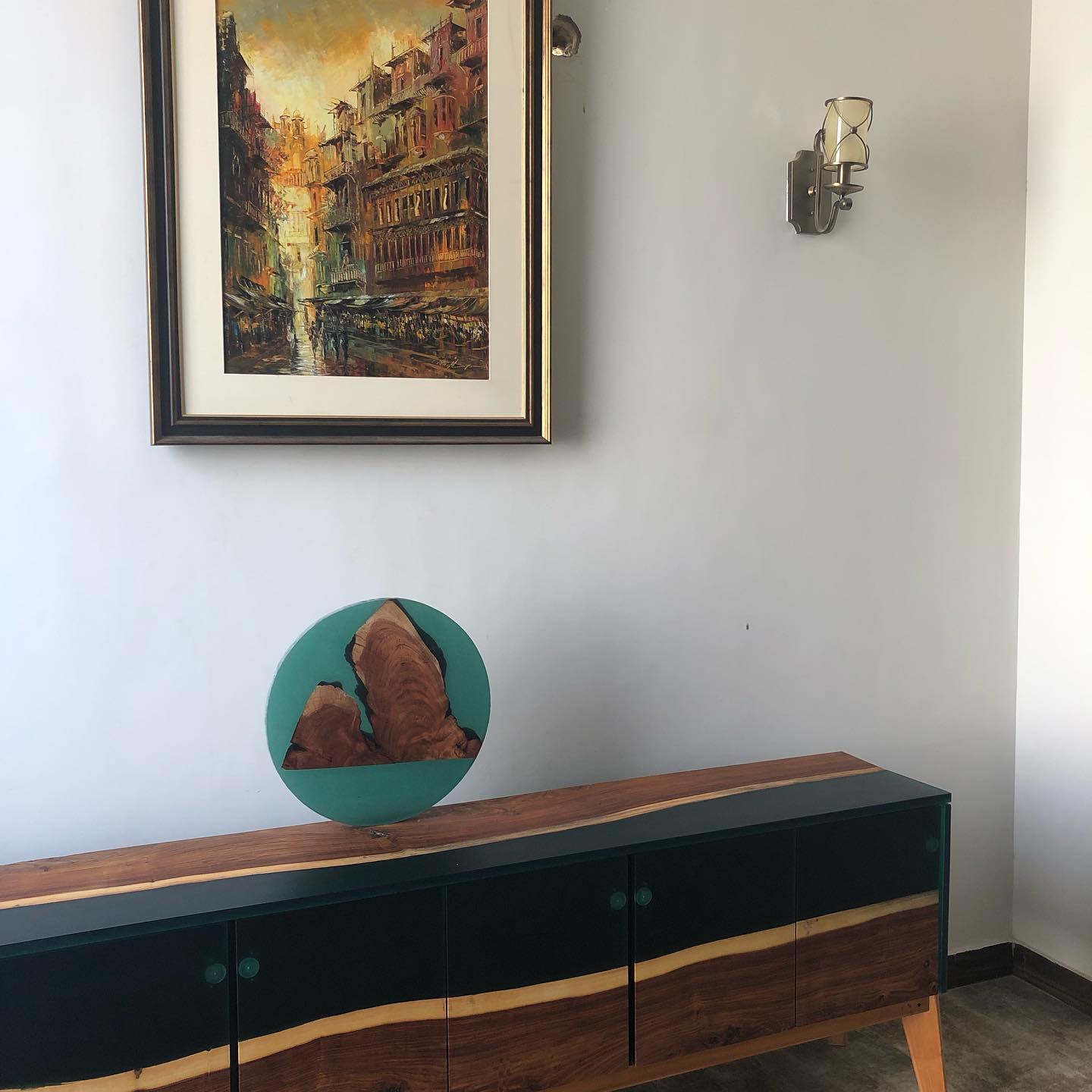 Indian Green Epoxy Resin Rose wood Live edge Media sideboard console