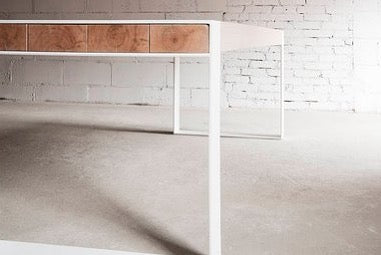 Oak wood straight Edge Mid-century white Metal work Dining Table & Bench