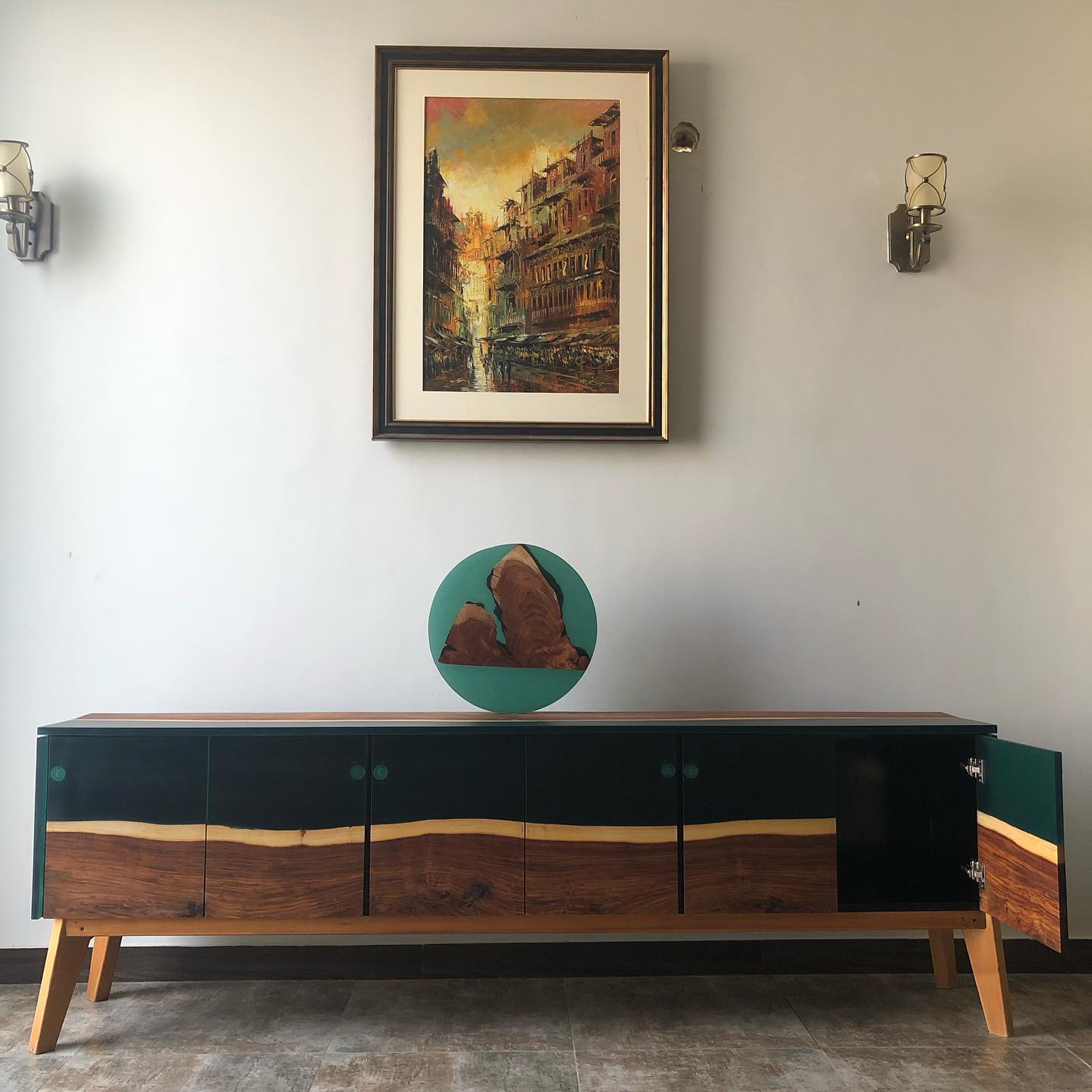 Indian Green Epoxy Resin Rose wood Live edge Media sideboard console
