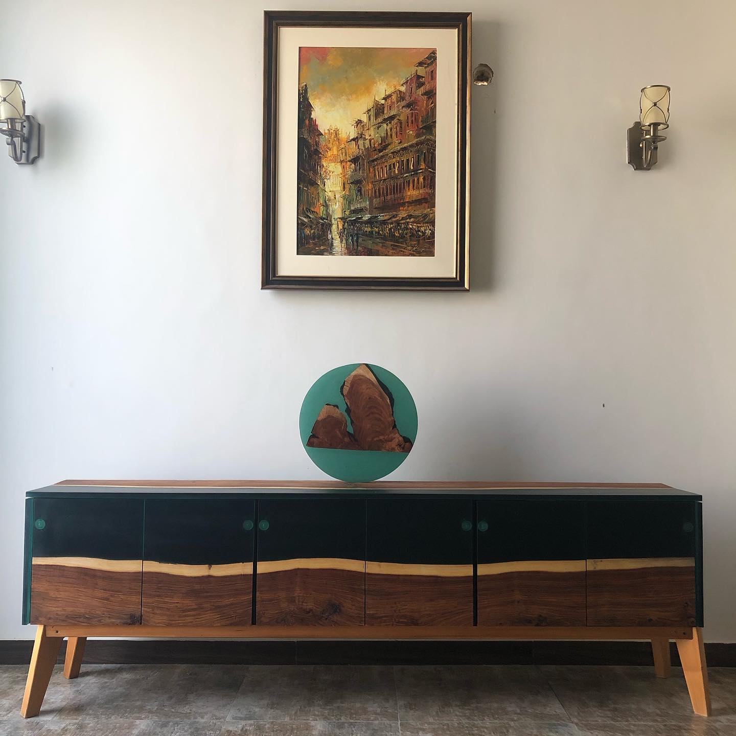 Indian Green Epoxy Resin Rose wood Live edge Media sideboard console