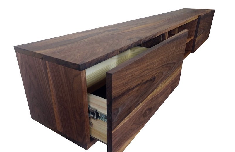 Floating wood Media console with Lined Drawers