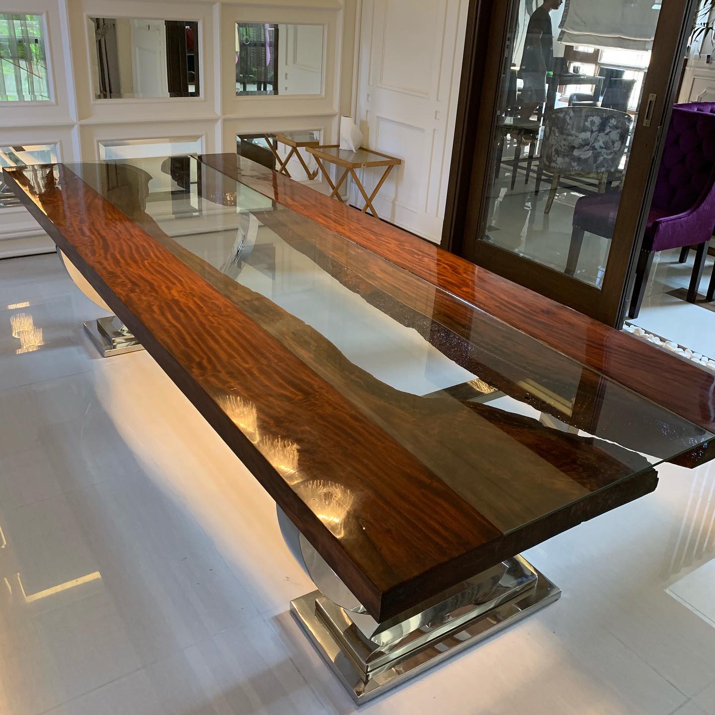 Live Edge Clear Glass River Mid-Century Stainless steel Ring Dinette Table