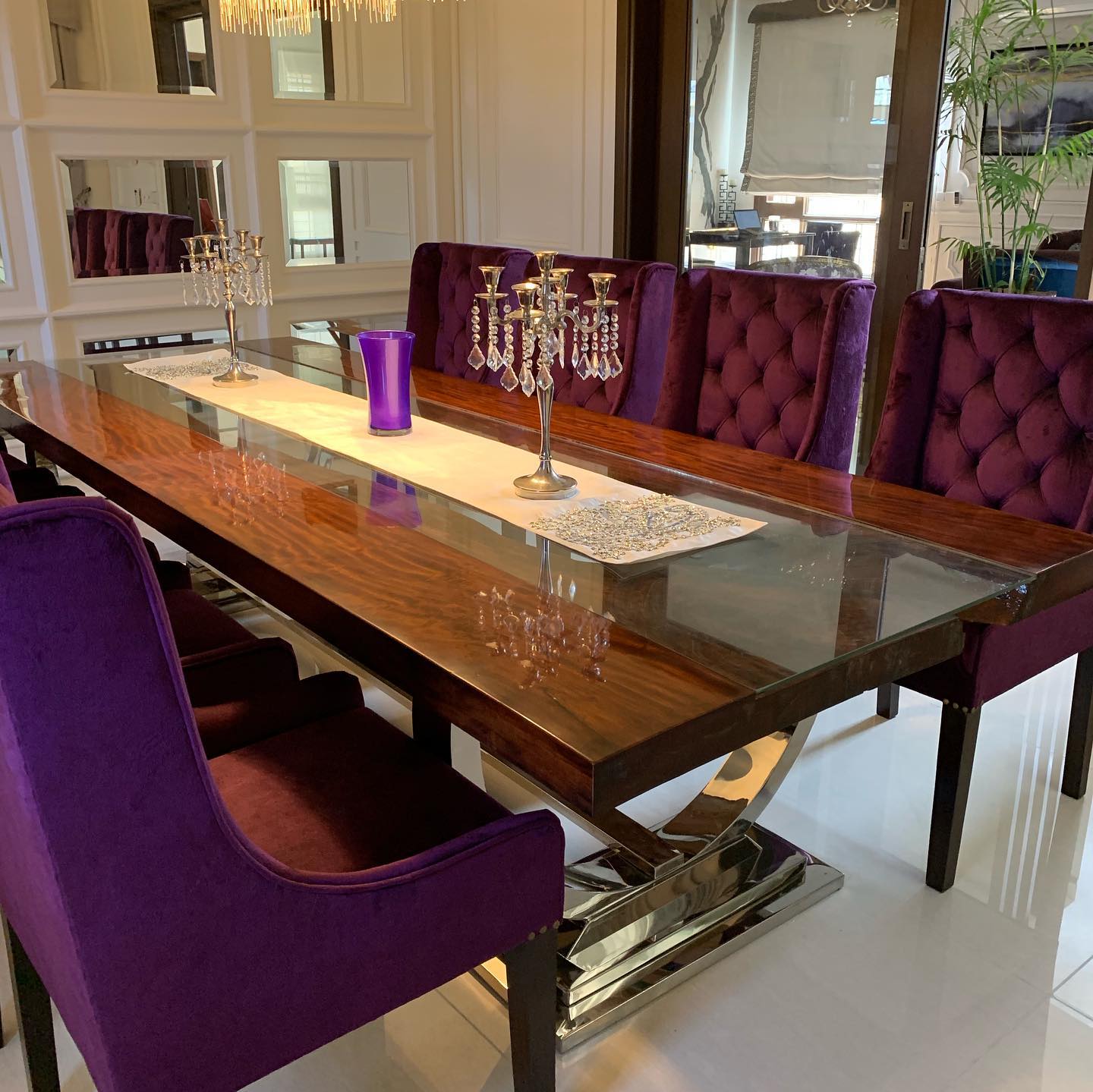 Live Edge Clear Glass River Mid-Century Stainless steel Ring Dinette Table