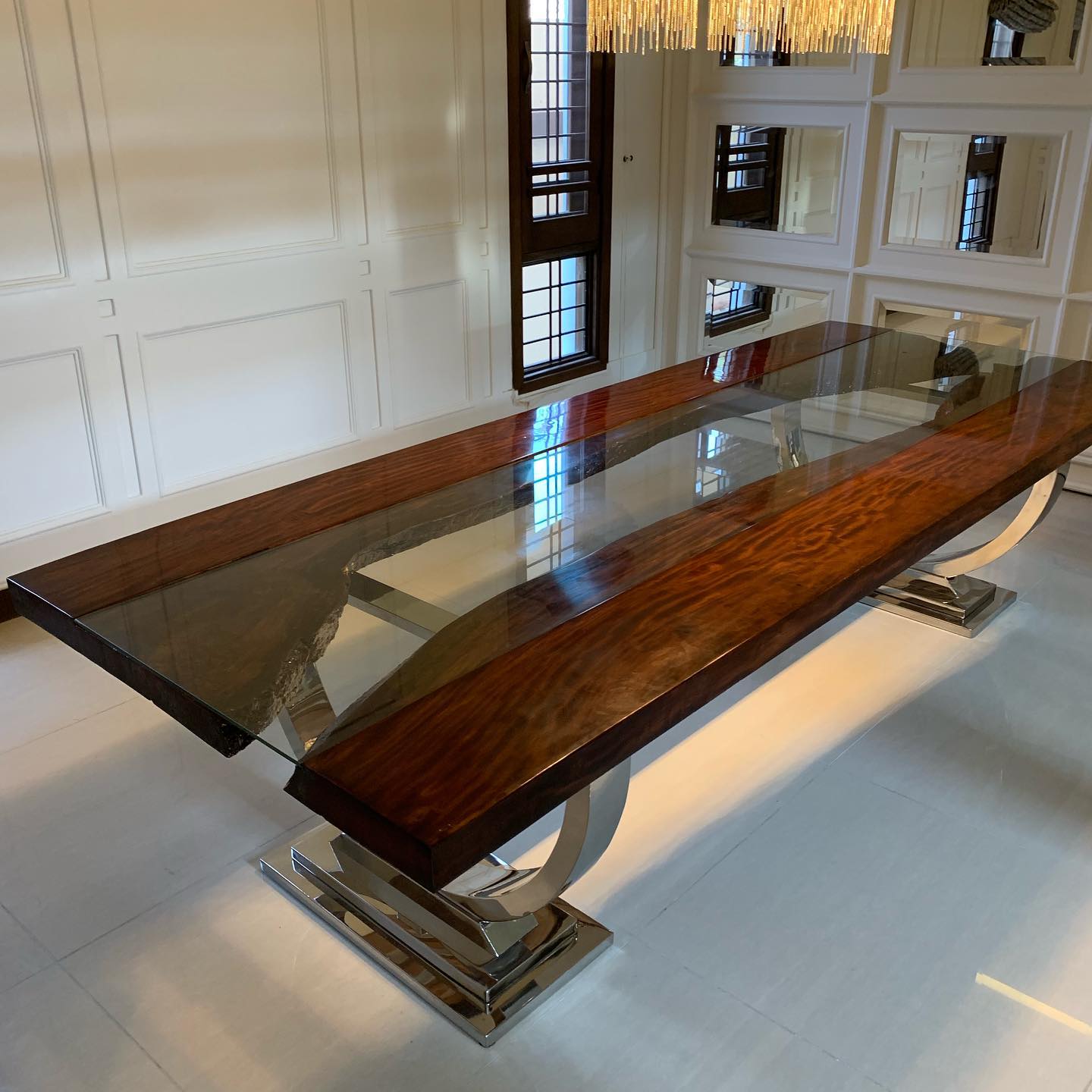 Live Edge Clear Glass River Mid-Century Stainless steel Ring Dinette Table