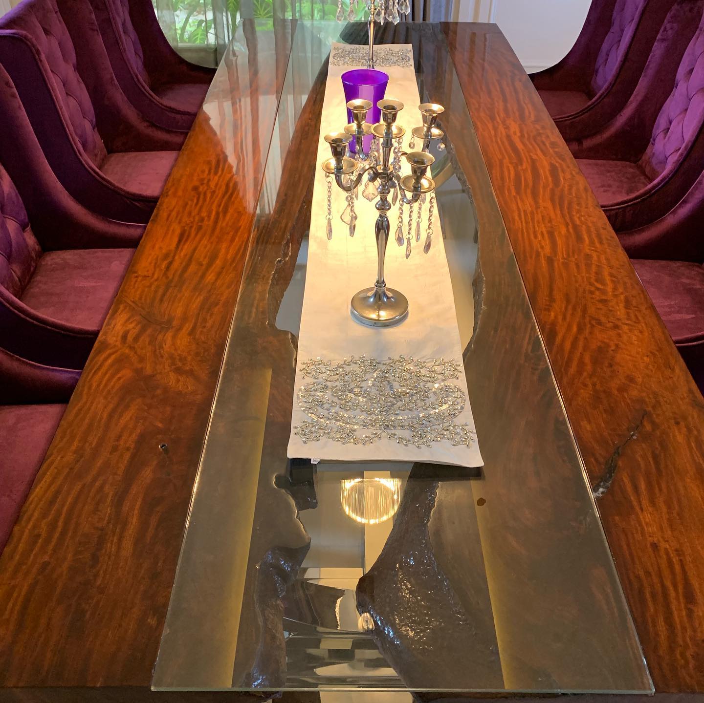 Live Edge Clear Glass River Mid-Century Stainless steel Ring Dinette Table