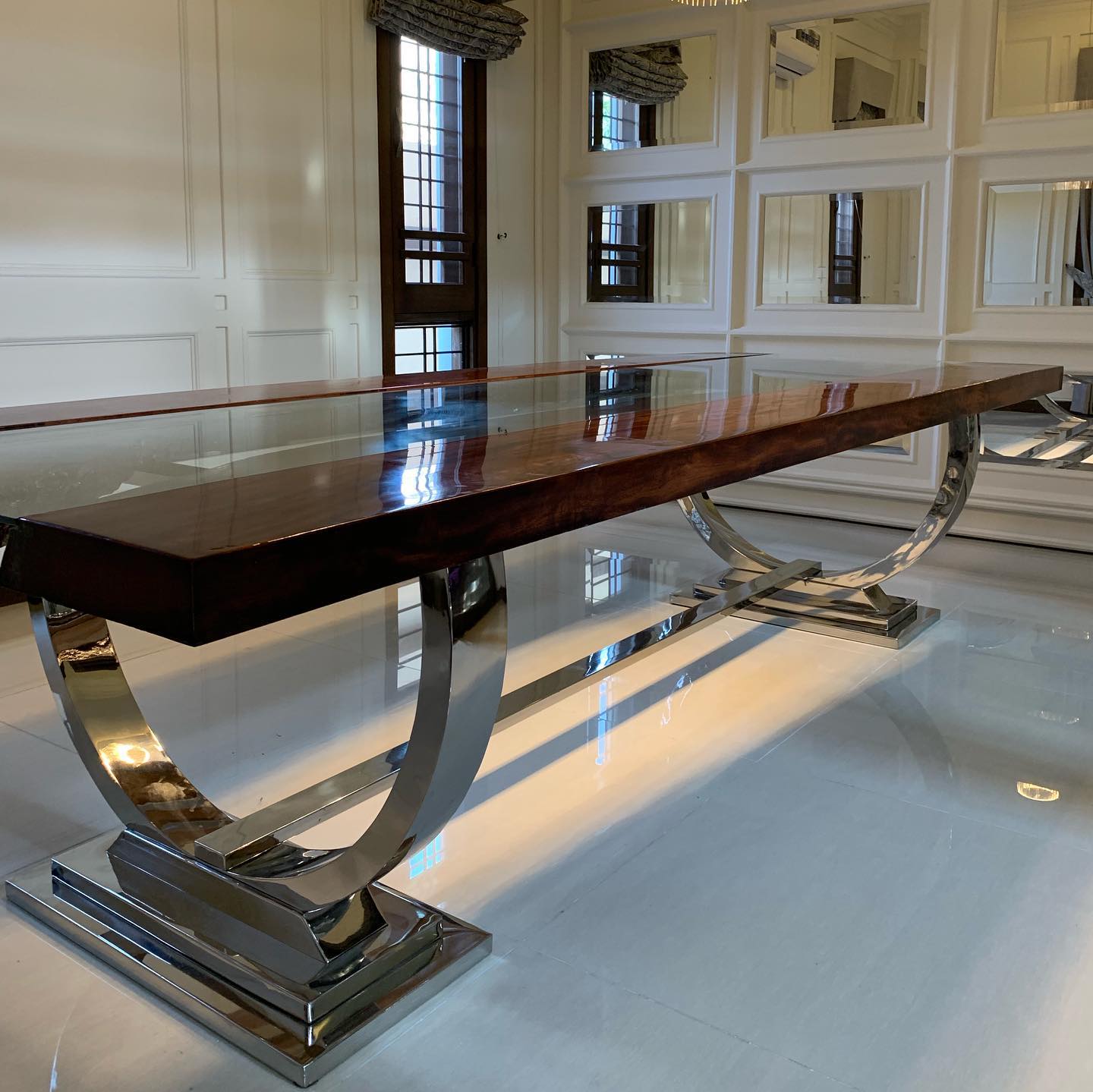 Live Edge Clear Glass River Mid-Century Stainless steel Ring Dinette Table