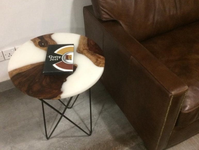 Ivory epoxy resin live edge side table