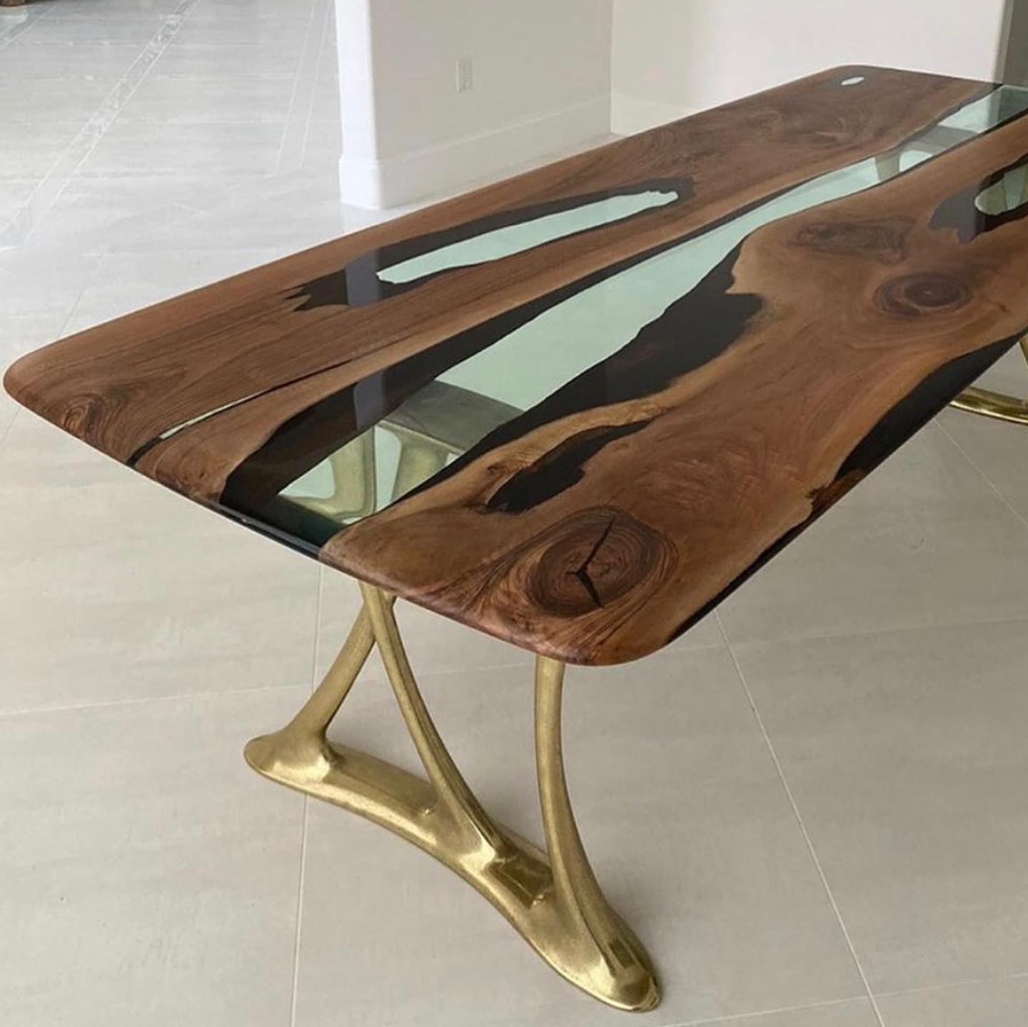 Osso Brass Epoxy Resin Live Edge Dining Table.