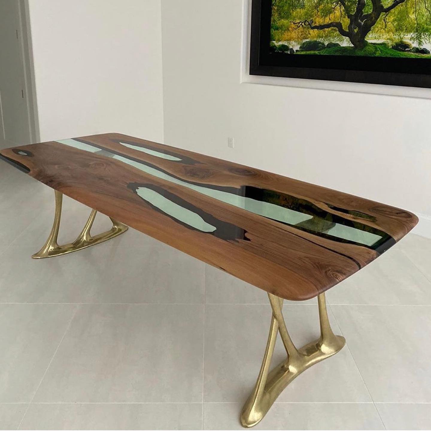 Osso Brass Epoxy Resin Live Edge Dining Table.