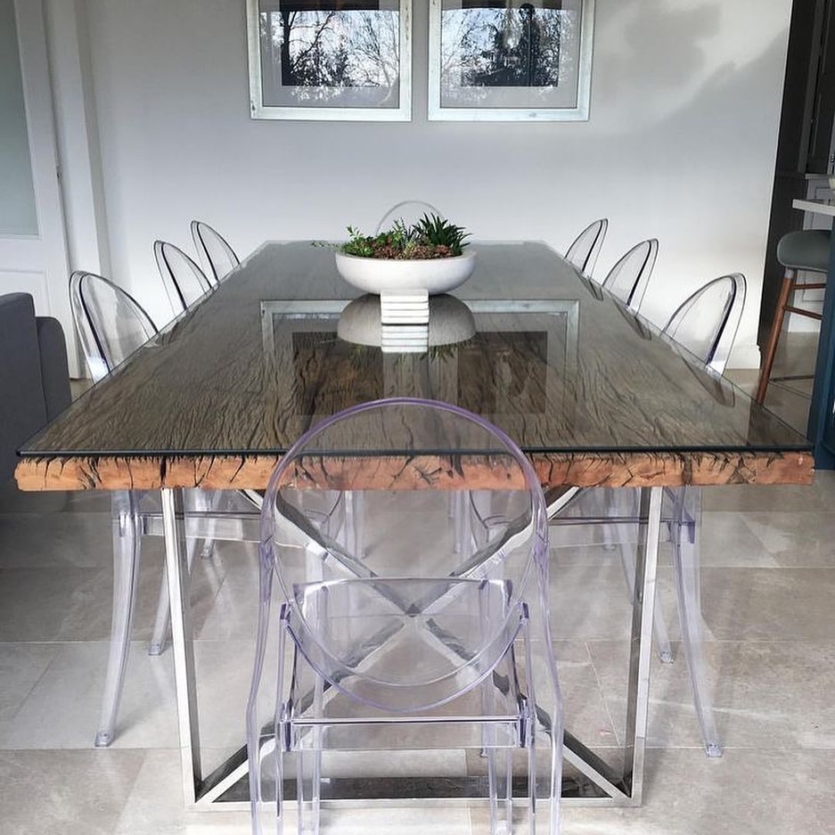 Luxe Kensington Reclaimed Railway Sleeper Oak Wood stainless steel Dining Table