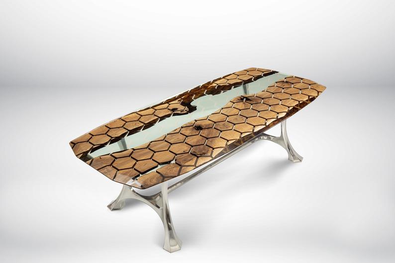 Hex Wood straight edge Epoxy Resin Dining Table.